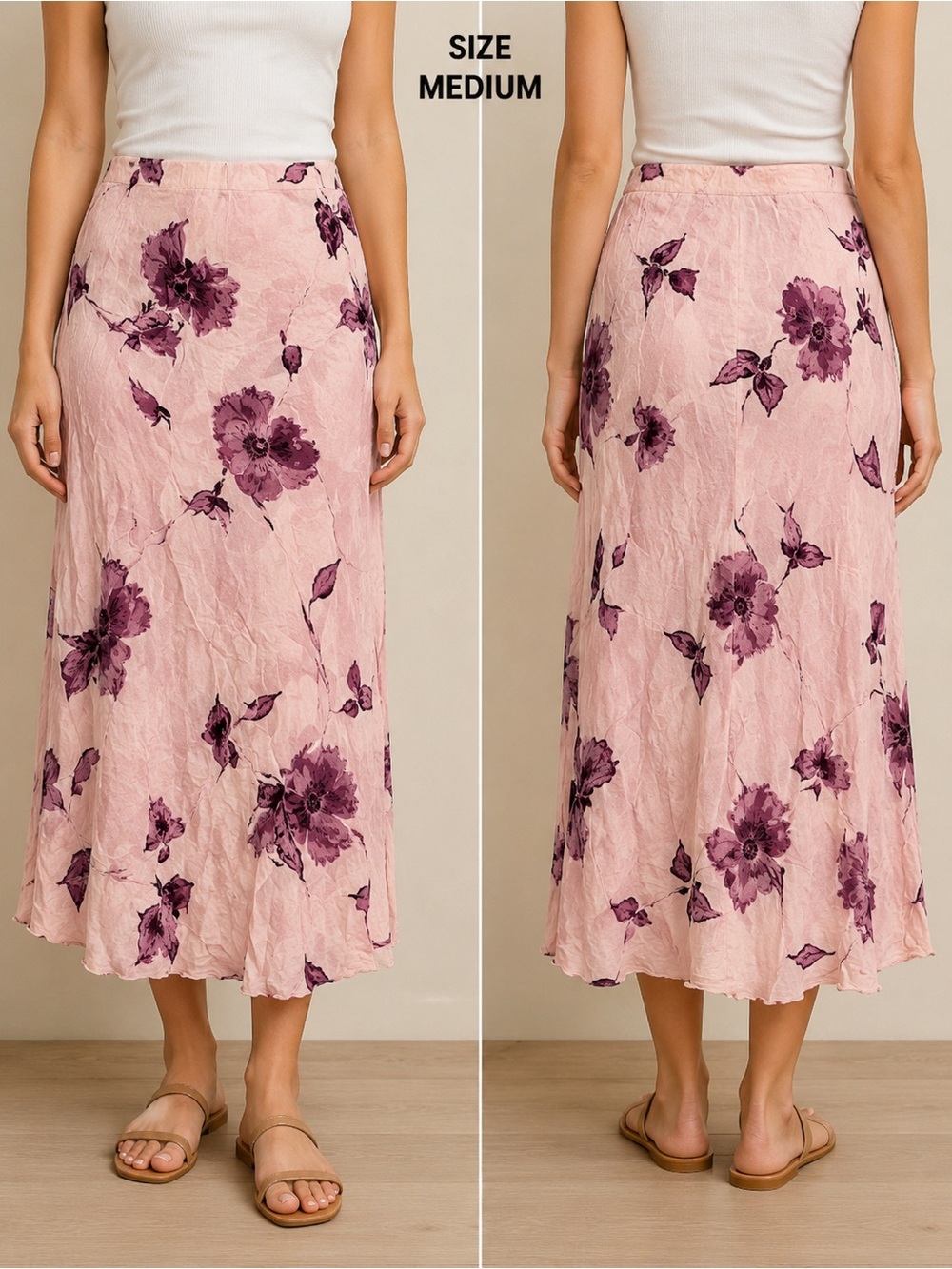 MARIO Pink Floral Midi Skirt Waist 32”
Length 32”